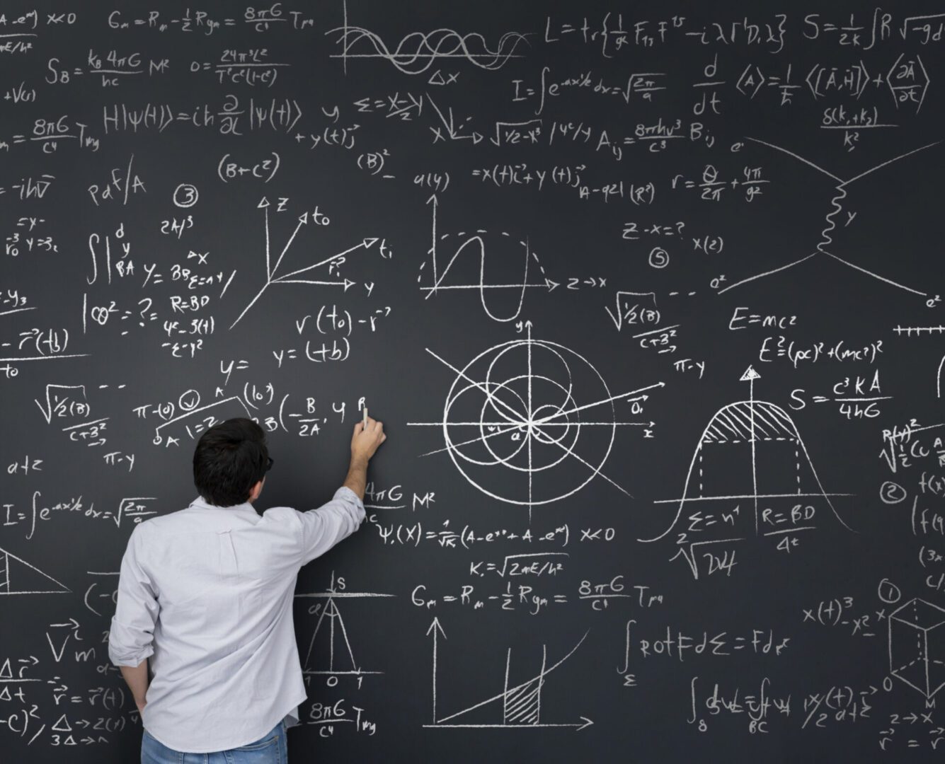Person solving complex math equations on chalkboard