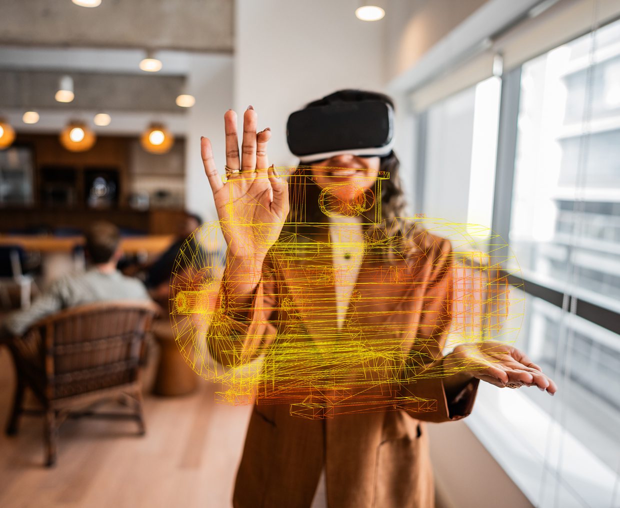 Person using VR headset in office