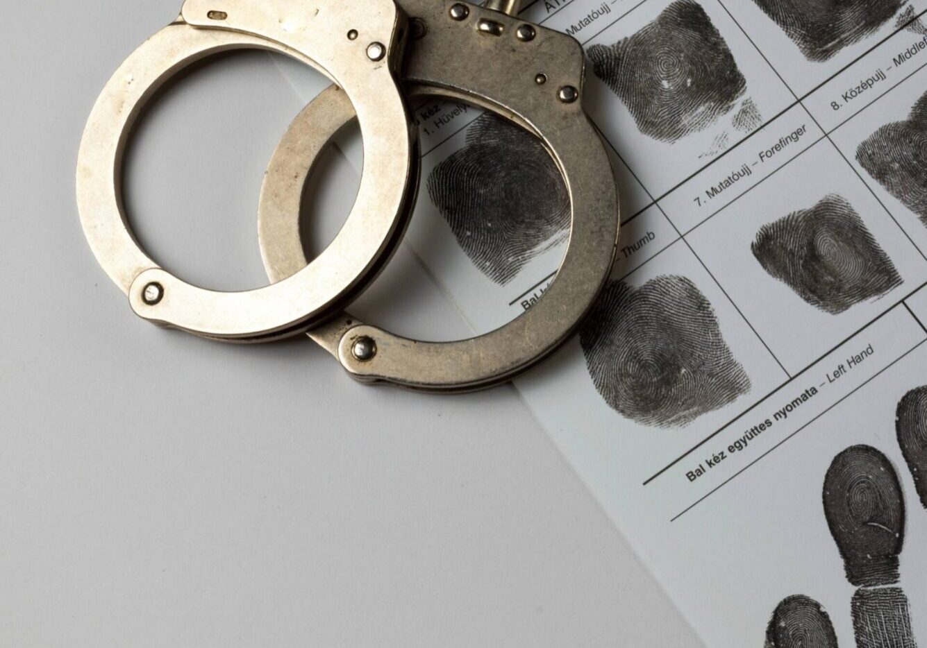 Handcuffs and fingerprint sheet on table