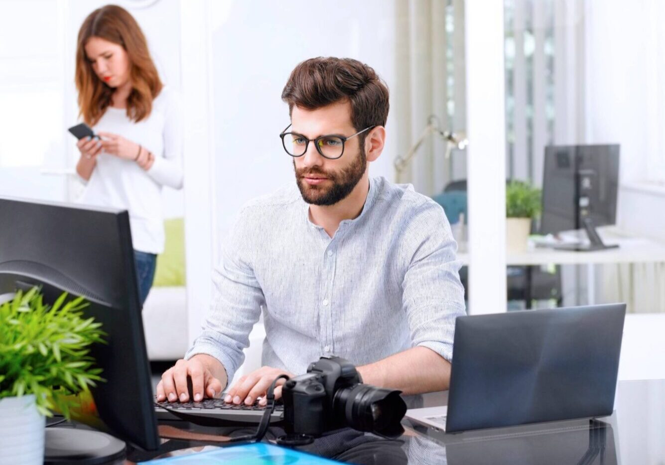 Office setup with camera and devices