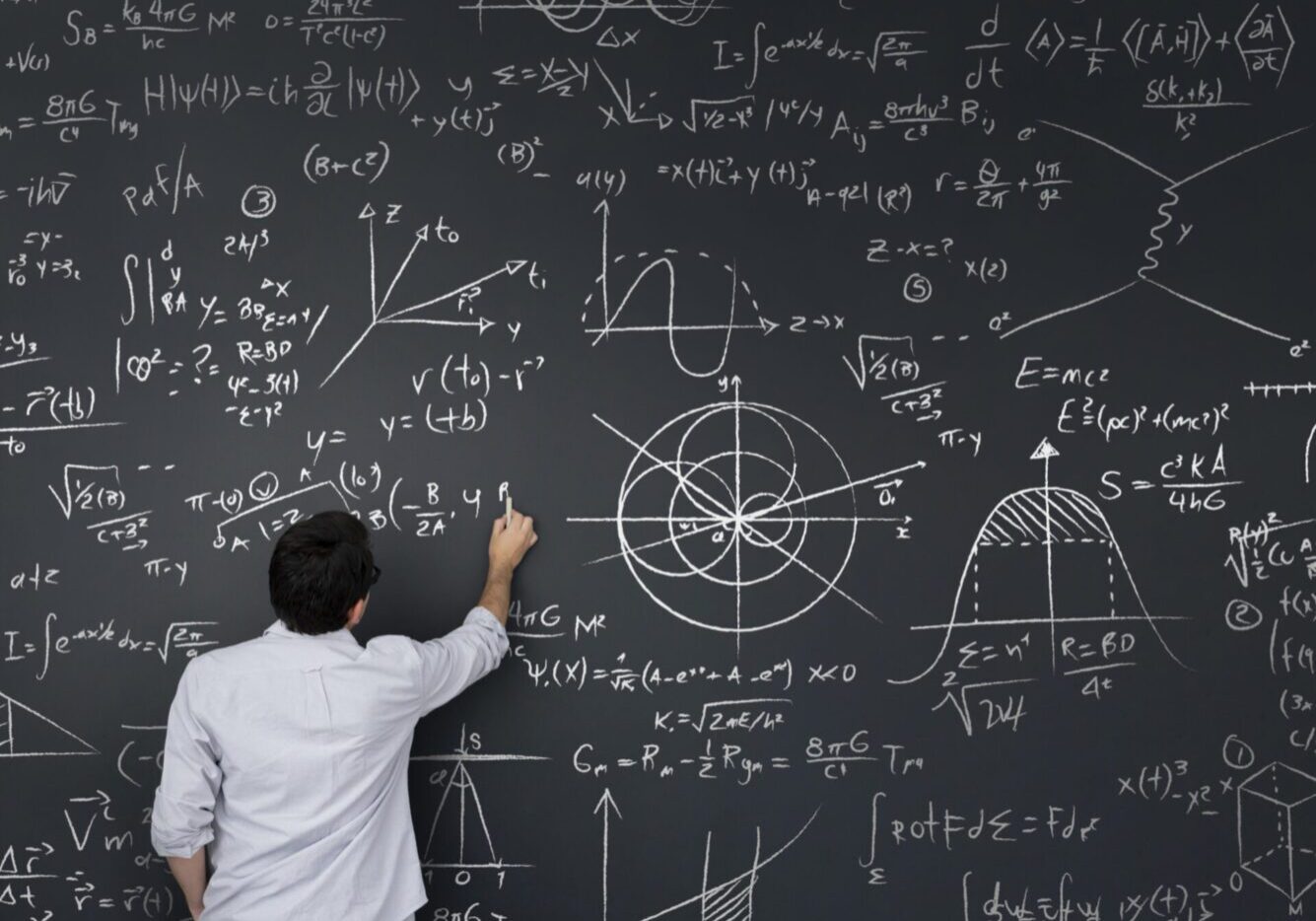 Person solving complex math equations on chalkboard